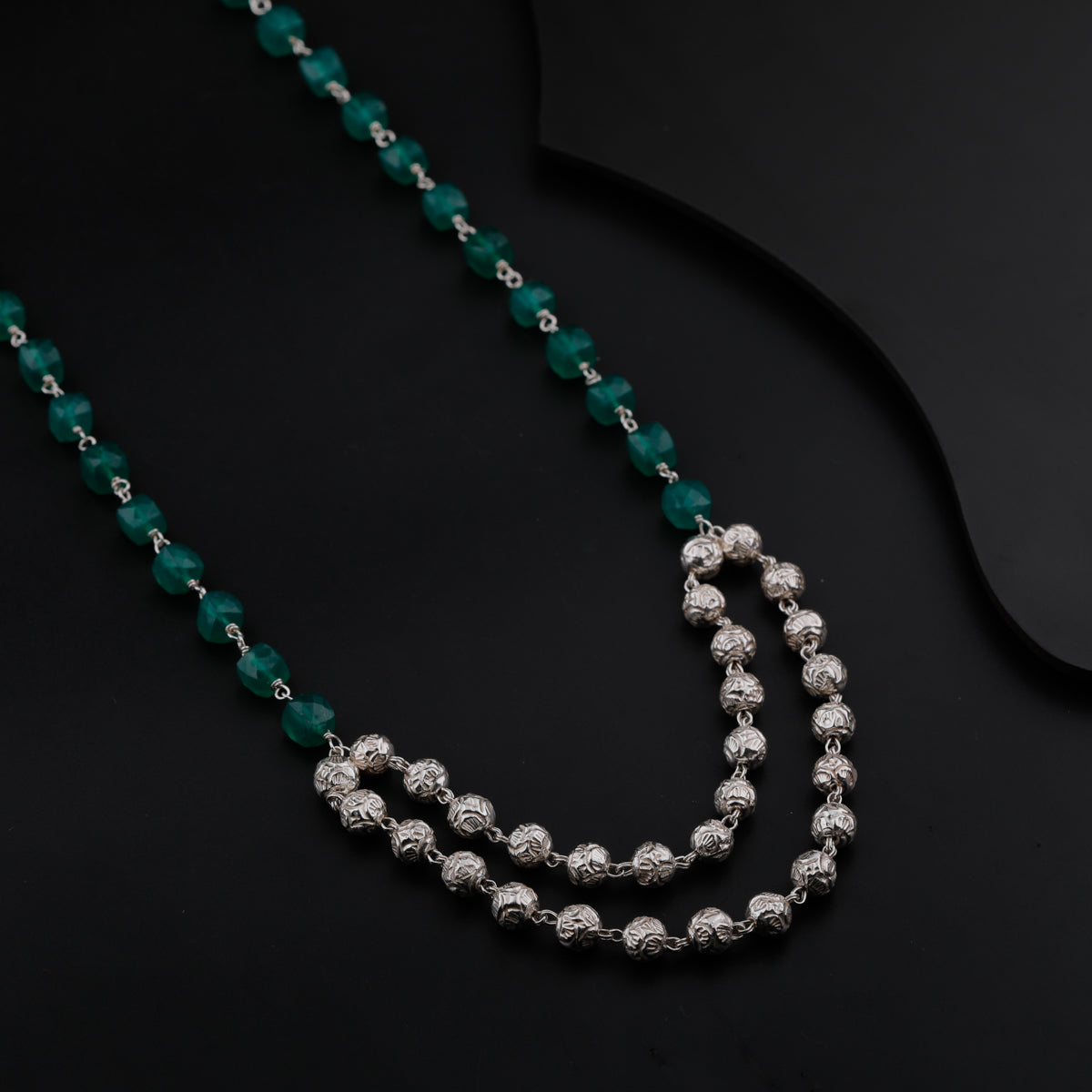 Silver Beads Necklace With Green Onyx