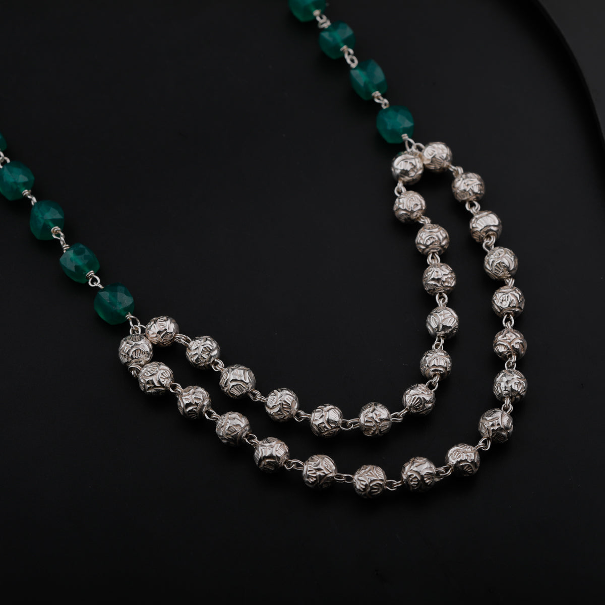 Silver Beads Necklace With Green Onyx