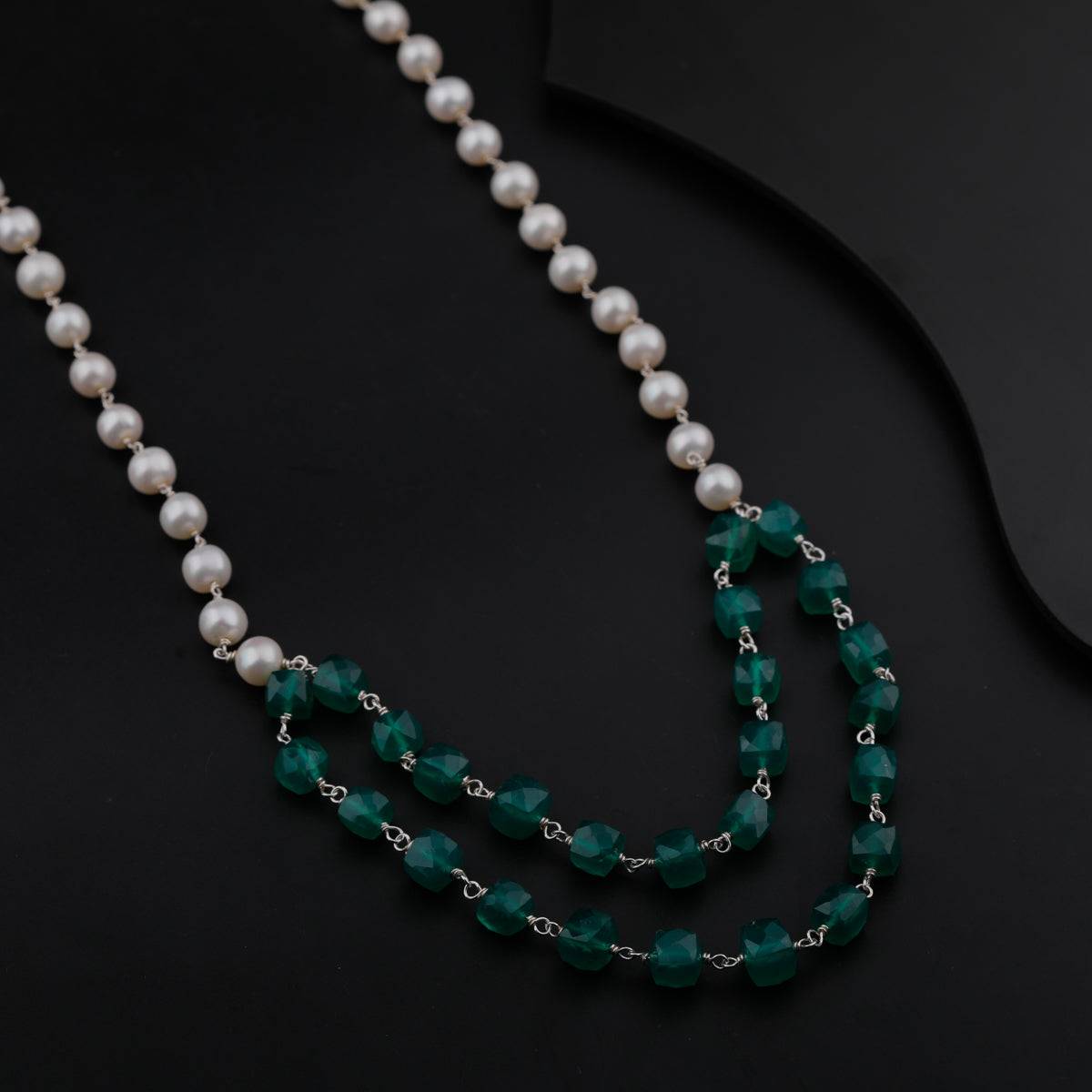 Silver Necklace With Green Onyx and Pearls