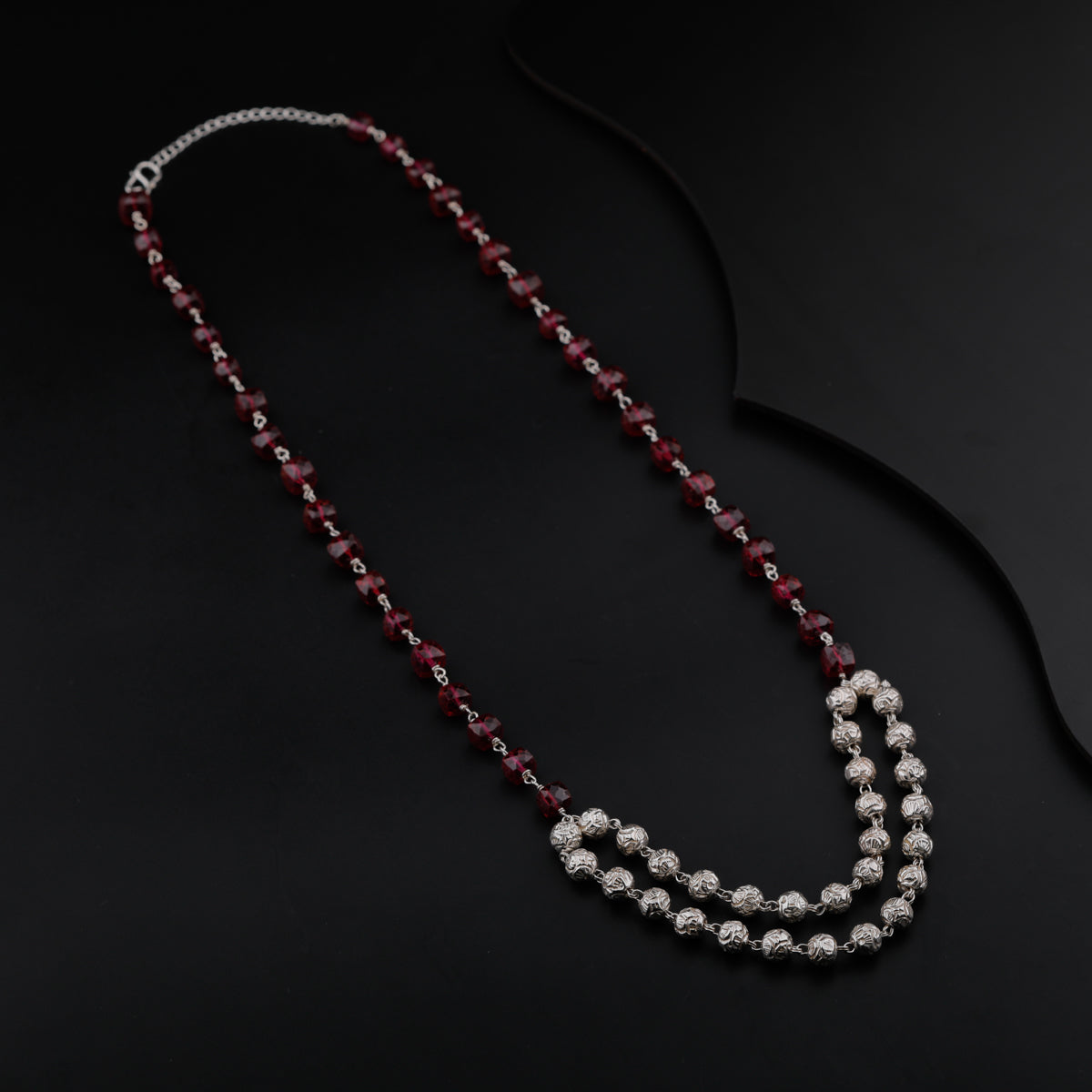 Silver Beads Necklace With Ruby