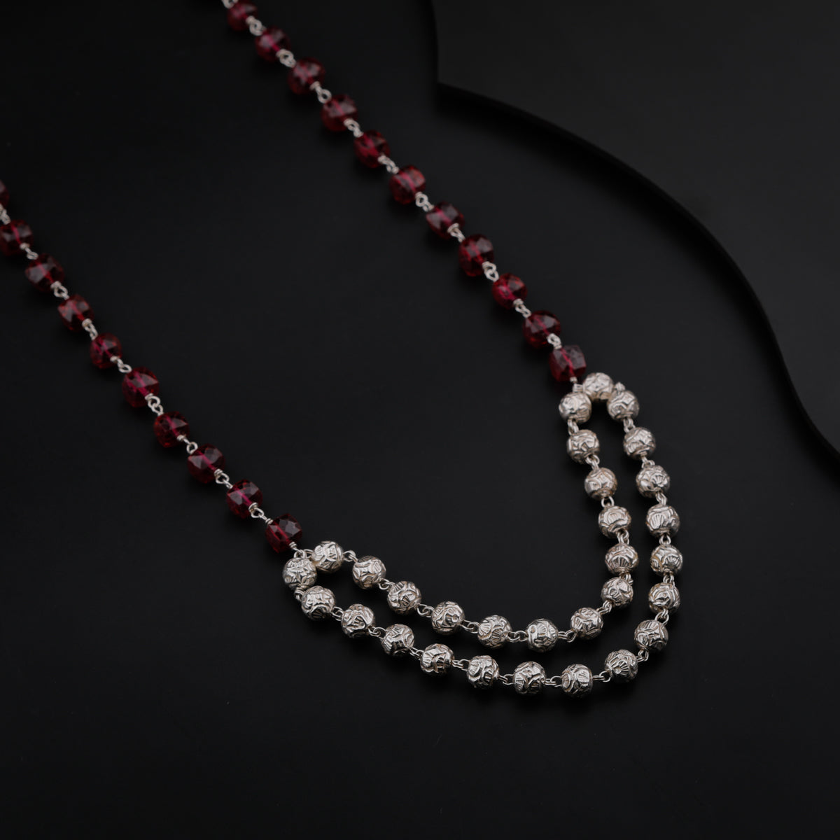 Silver Beads Necklace With Ruby