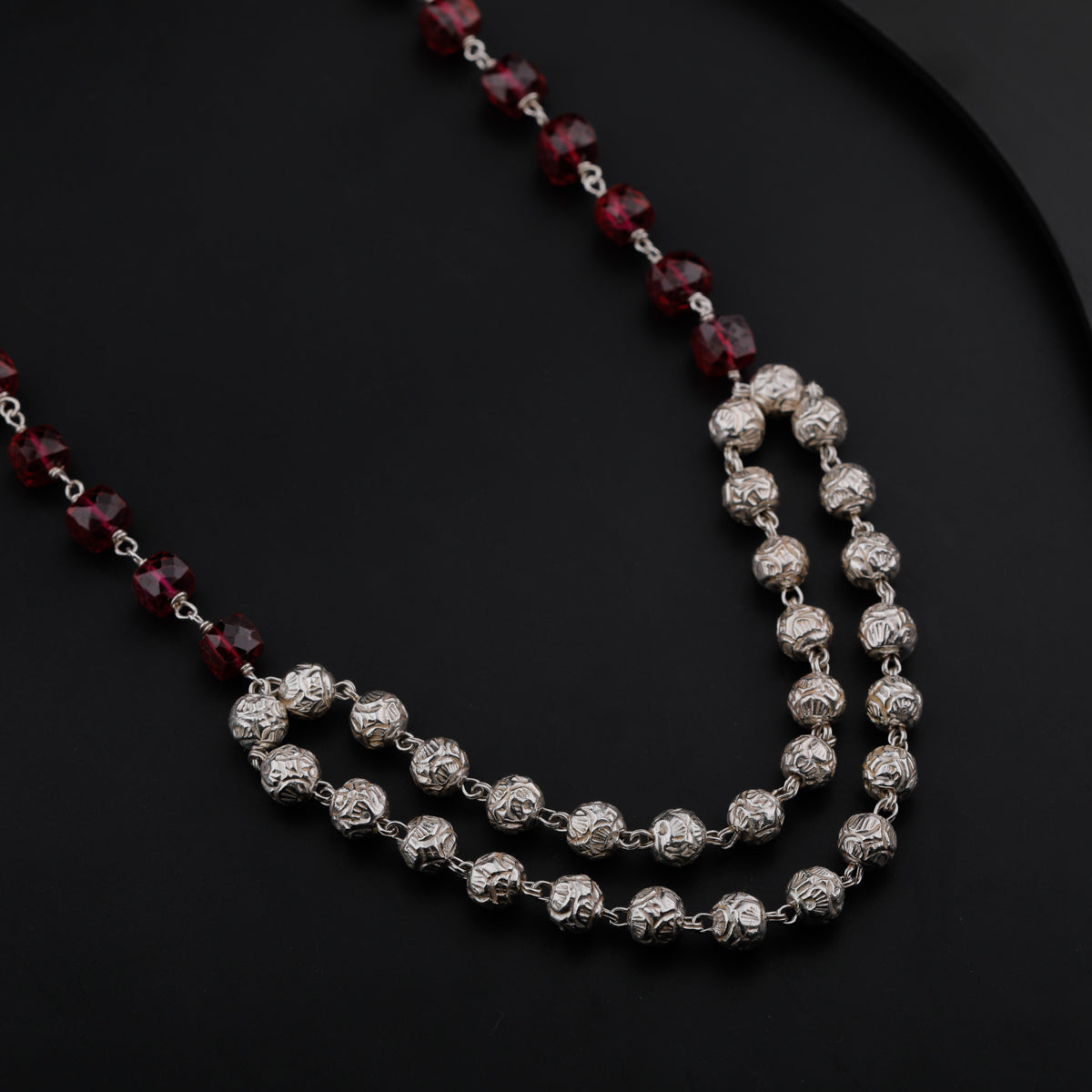 Silver Beads Necklace With Ruby