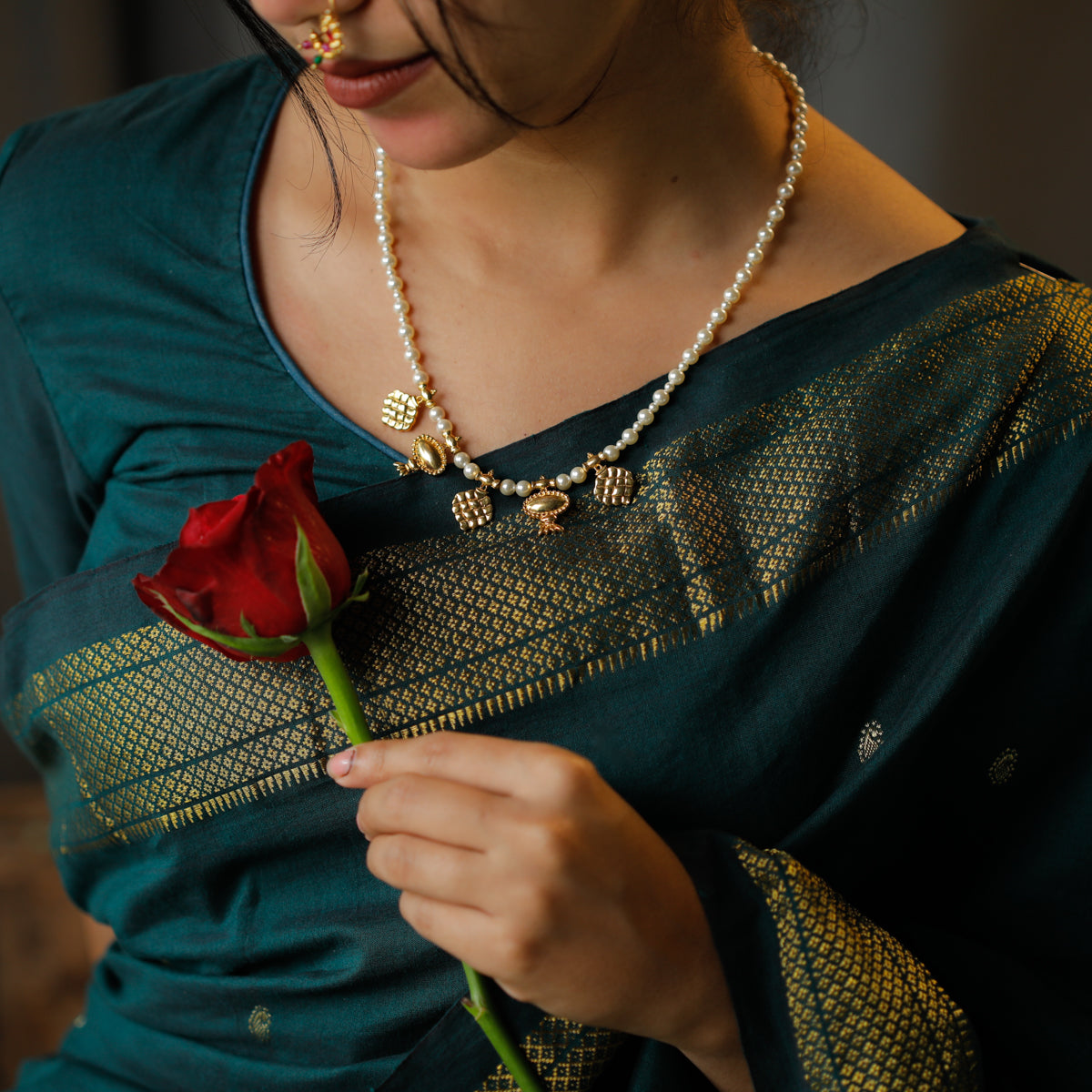 Gold Plated Silver Pearl Necklace with अननस (Ananas) and चंदन पत्र (Chandan Patra) Motif