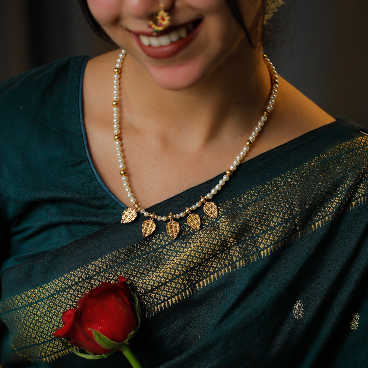 Gold Plated Silver Pearl Necklace with अननस (Ananas) Motif