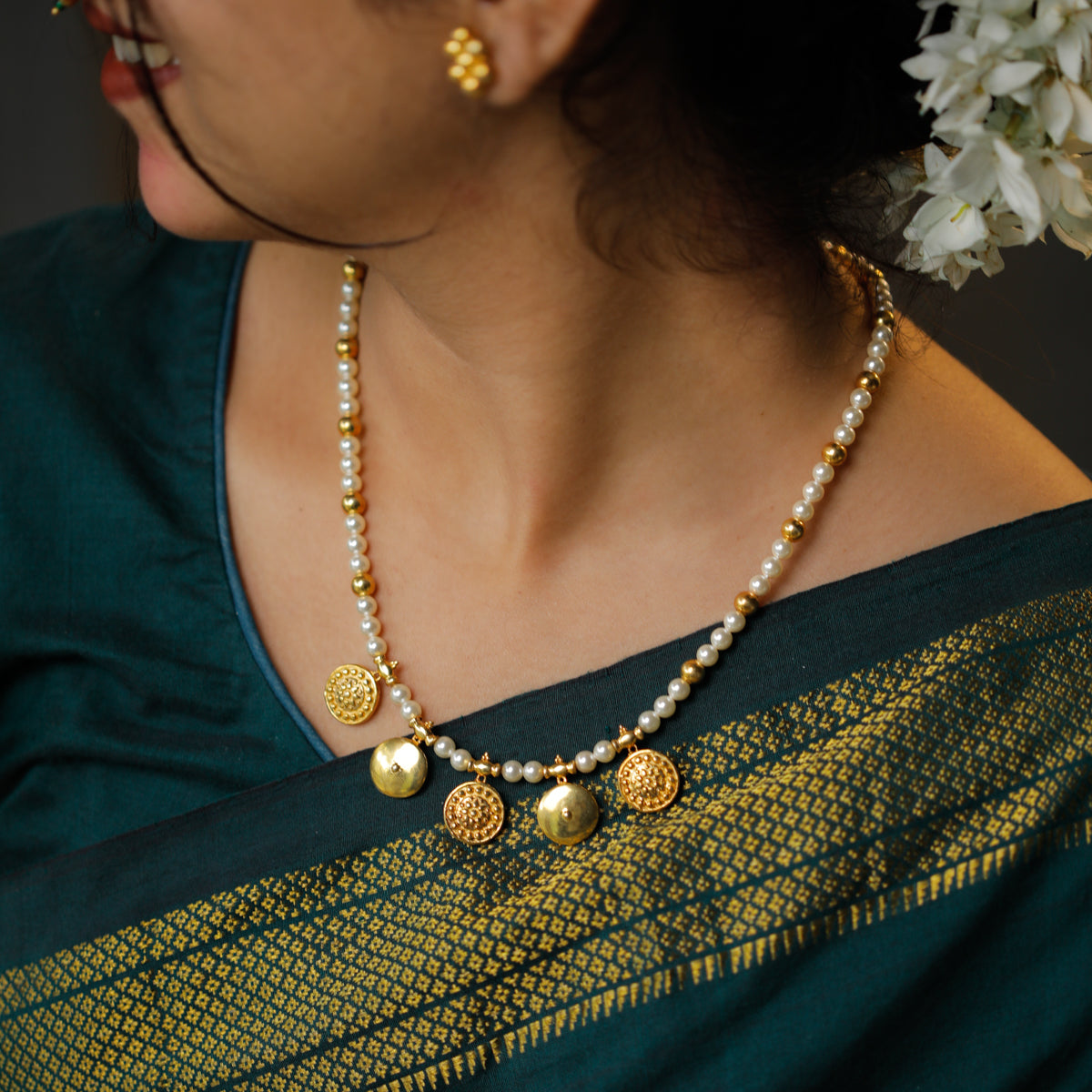 Gold Plated Silver Pearl Necklace with वाडगा (Vadagaa) and बदाम (Badam) Motif