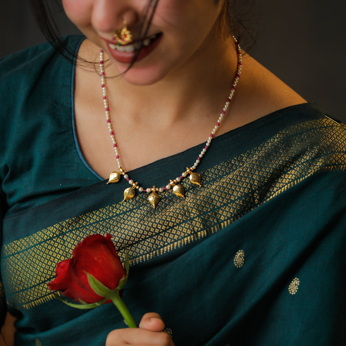 Gold Plated Silver Ruby and Pearl Necklace with वांगे (Vaange) Motif