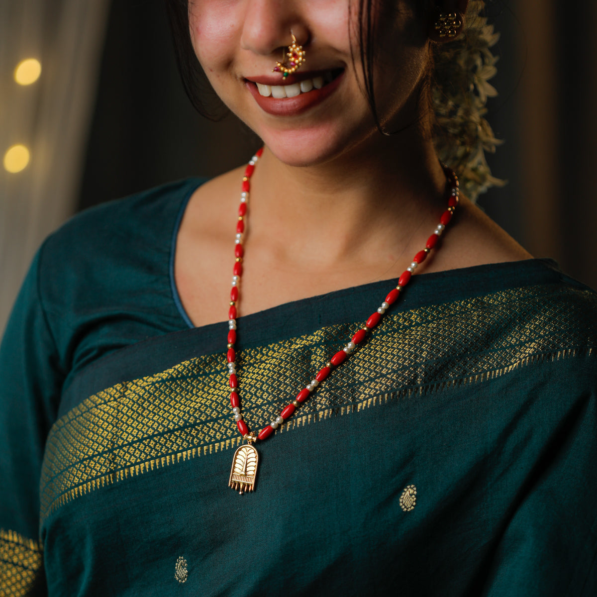 Gold Plated Silver Pearl and Coral Necklace with  ताळी (Taali) Motif