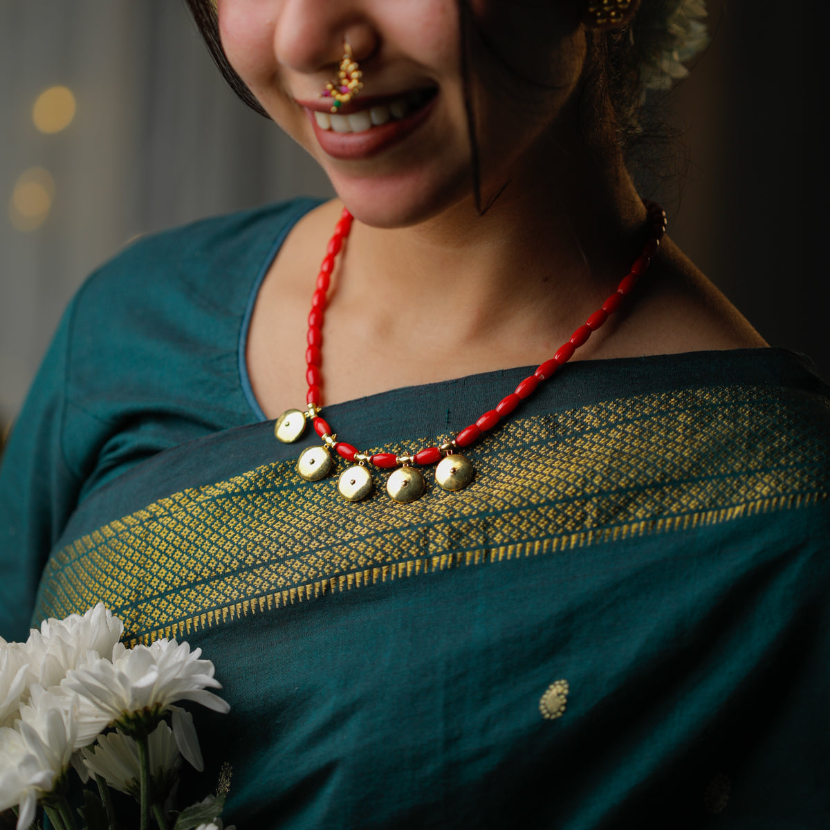 Gold Plated Silver Coral Necklace with वाडगा (Vadagaa) Motif