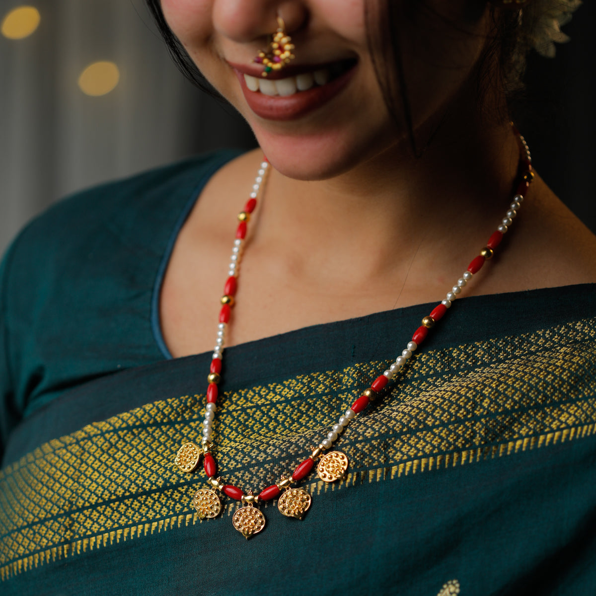 Gold Plated Silver Coral and Pearl Necklace with Saaj Motif