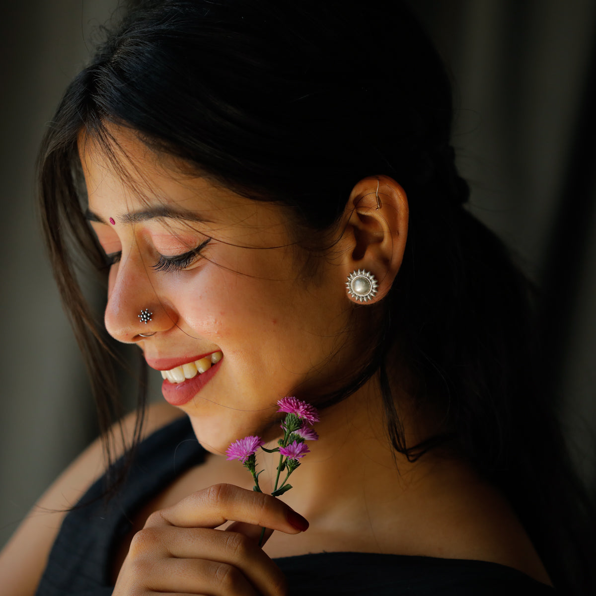 Big Dome with Small Petal Silver Earrings