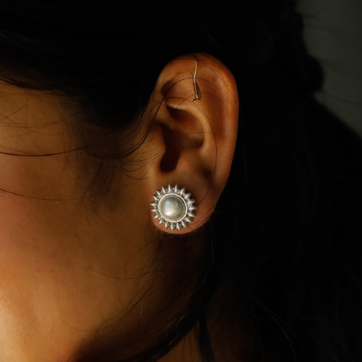 Big Dome with Small Petal Silver Earrings