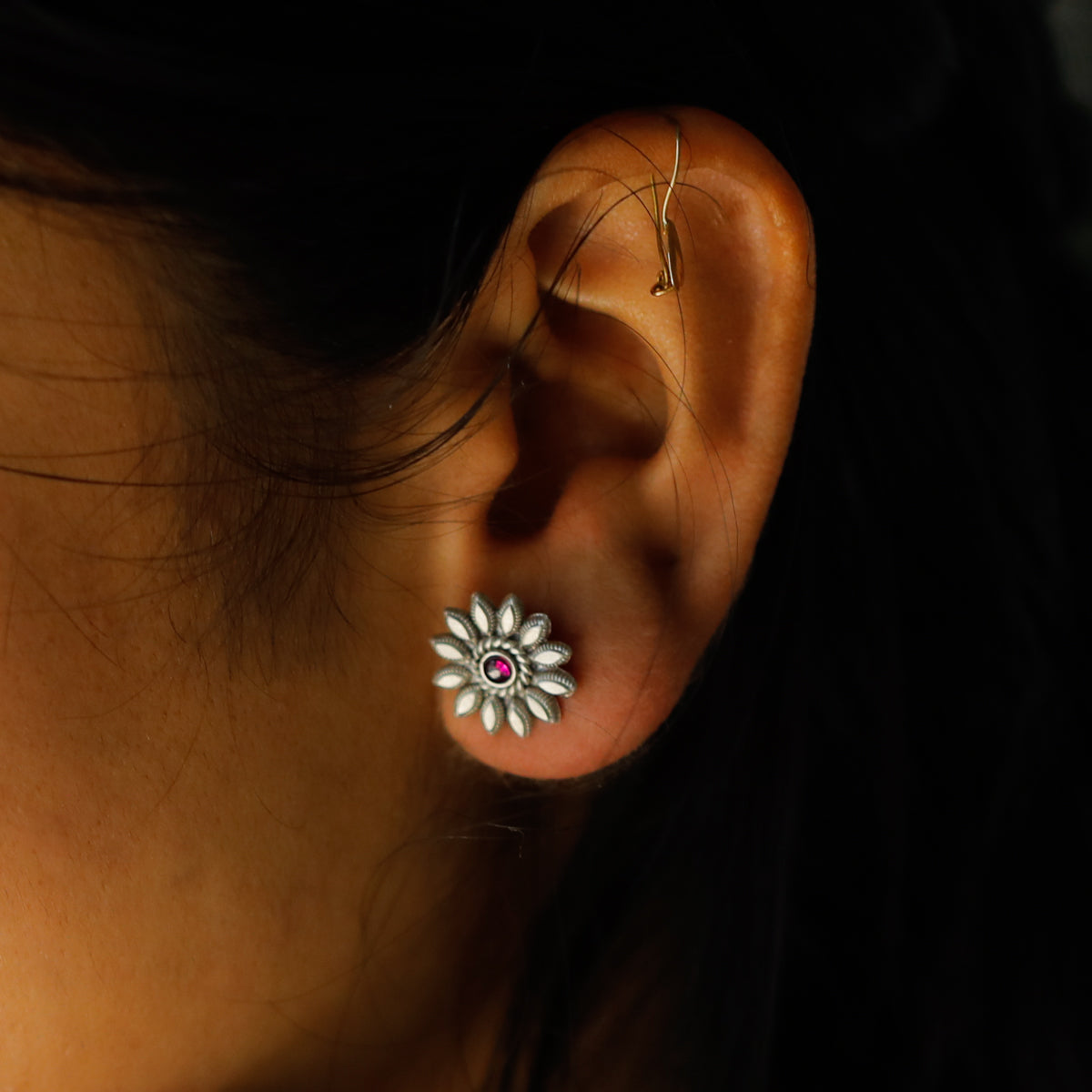 Petal with Pink Stone Silver Earrings