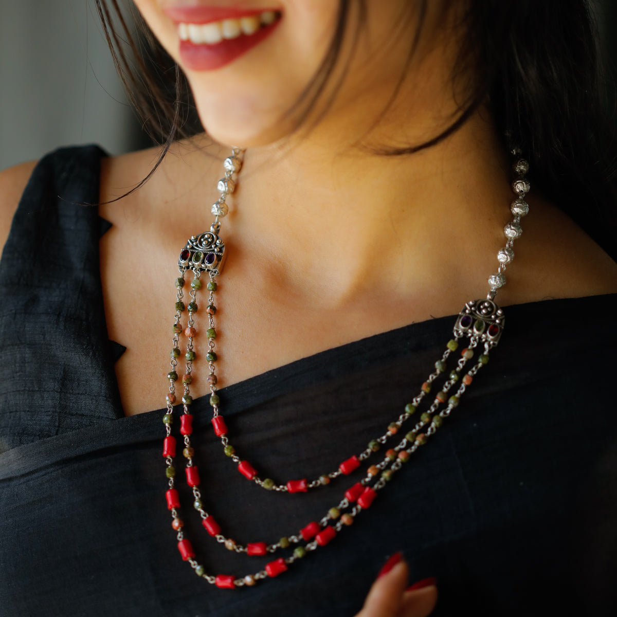 3 Layered Coral Necklace