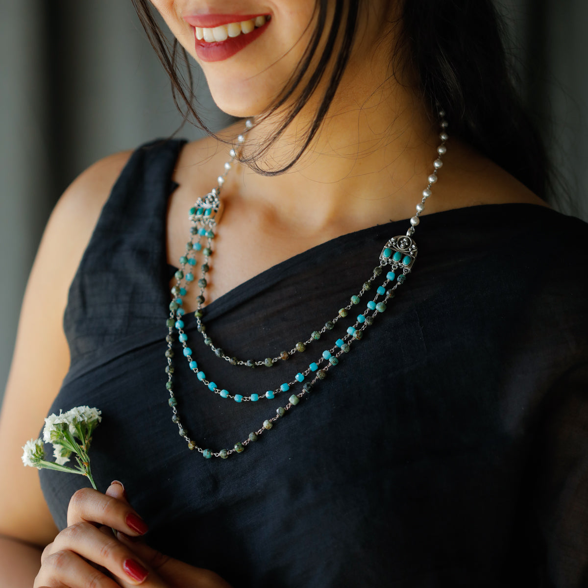 3 Layered Turquoise and Pearl Necklace