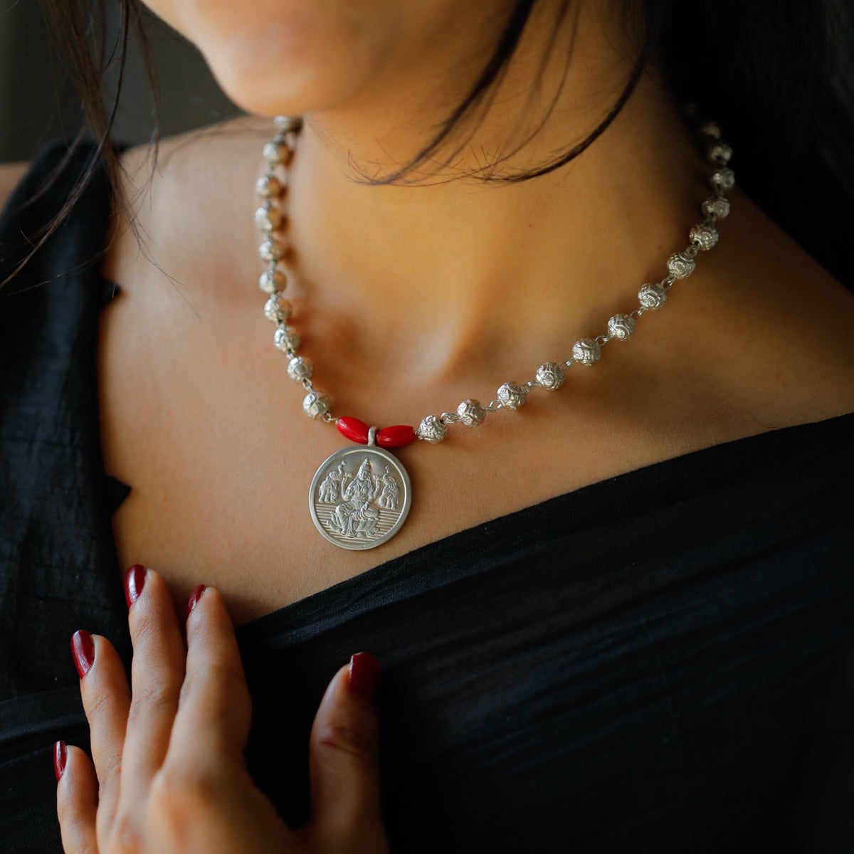 Silver Coin Putali Necklace with Coral & Silver Beads