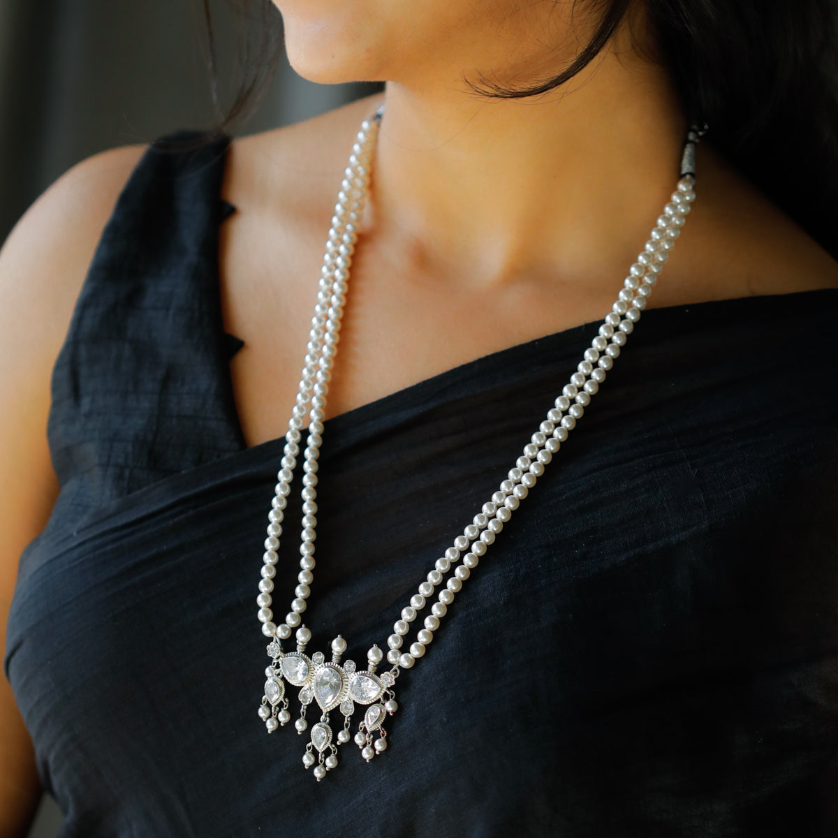 Silver Double Line Pearl Tanmani Set with Crystals