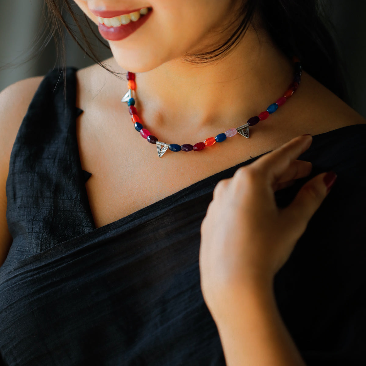 Silver Multicolored Spiral Triangle Necklace