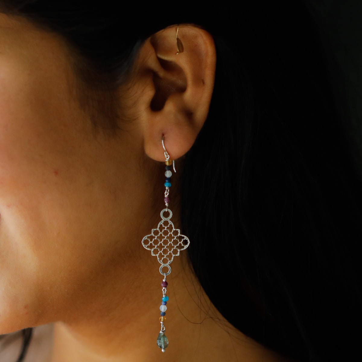 Silver Filigree Dangler Earring with Multicolor Stones