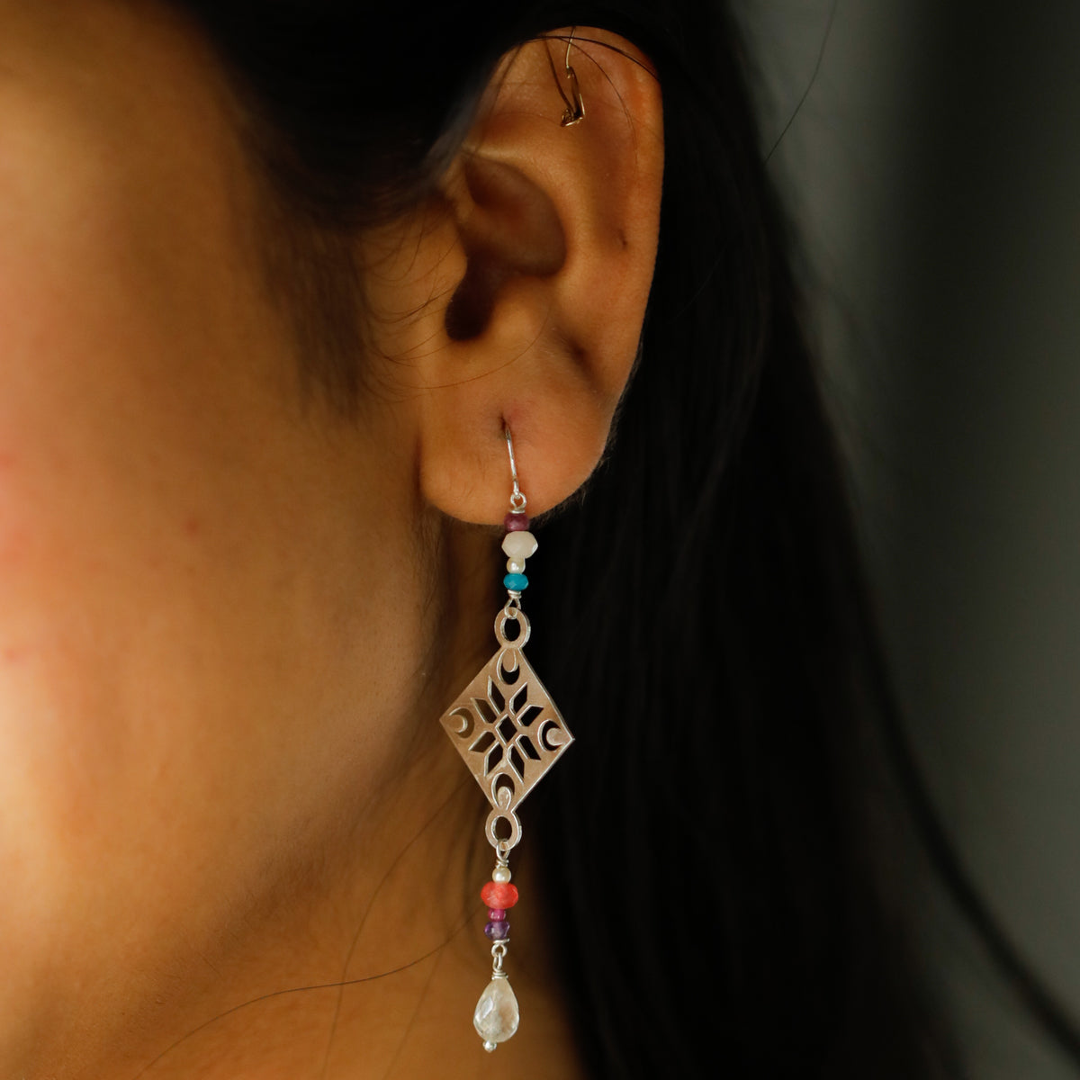 Silver Filigree Dangler Earring with Multicolor Stones