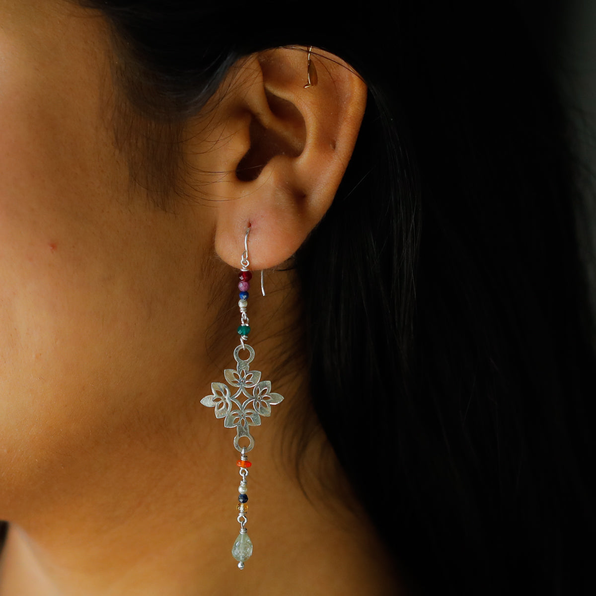 Silver Filigree Dangler Earring with Multicolor Stones