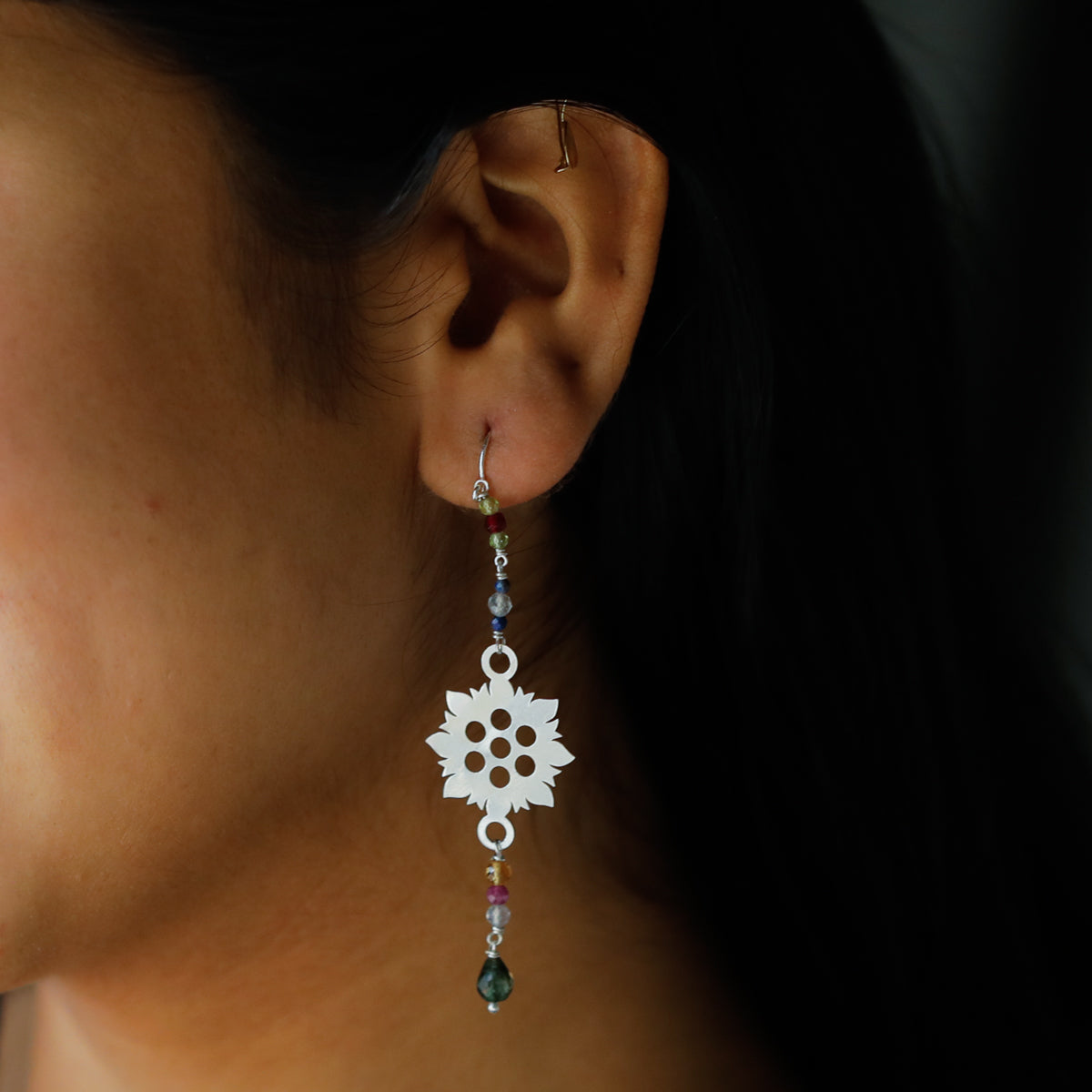 Silver Filigree Dangler Earring with Multicolor Stones