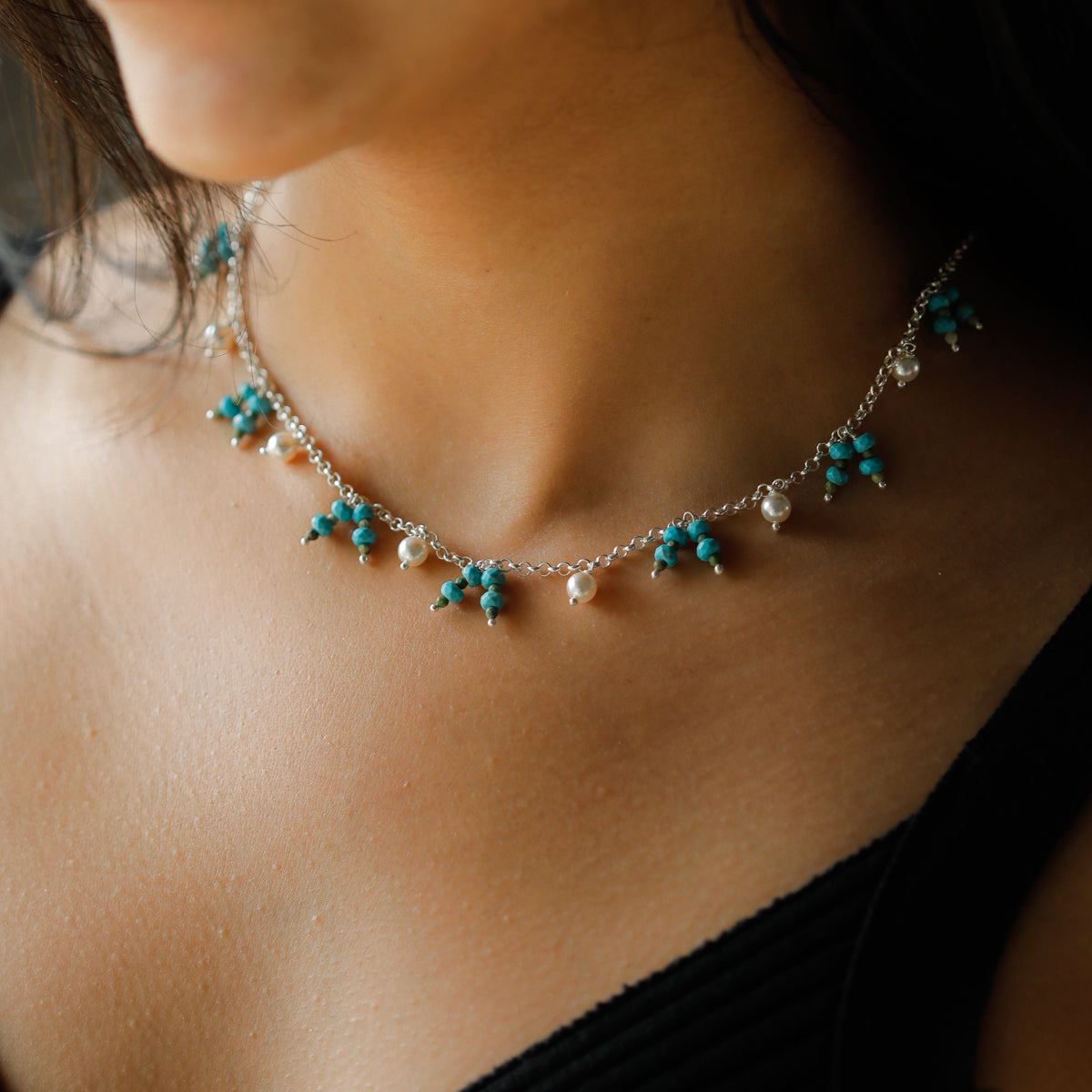 Turquoise and Pearl Silver Necklace