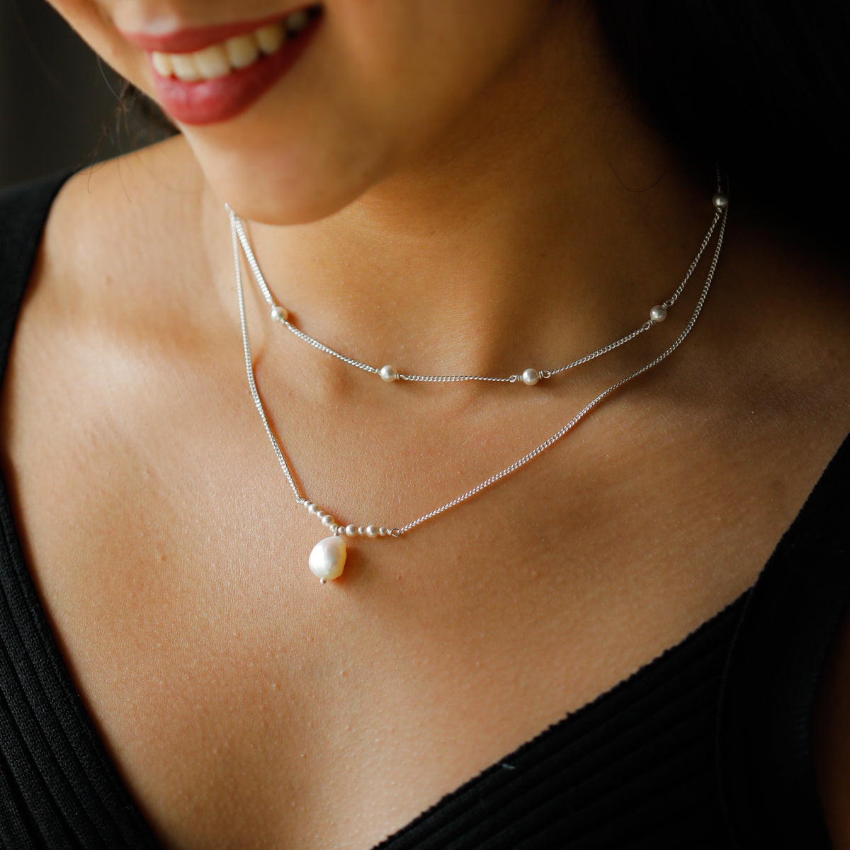 Double Layer Silver Chain with Pearls