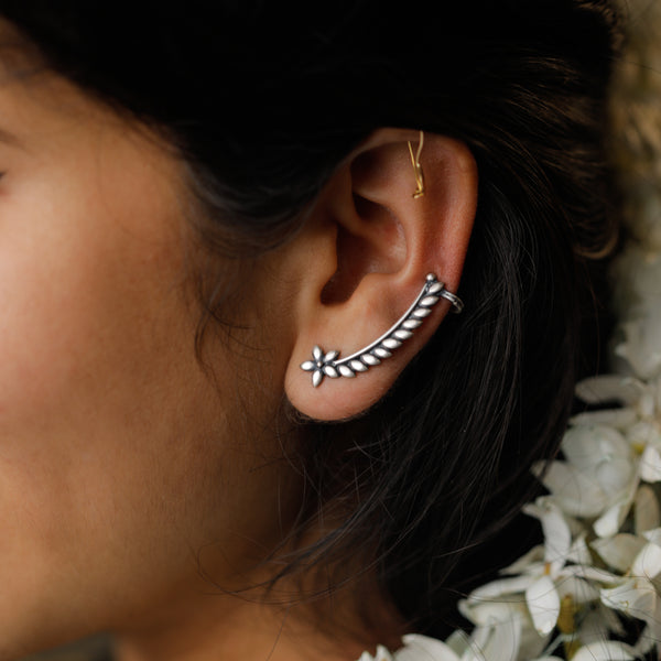 Sterling silver floral ear cuff with leaf design for traditional elegance