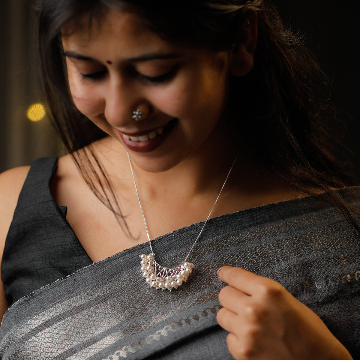 Shiny Silver Chand filigree with pearls necklace