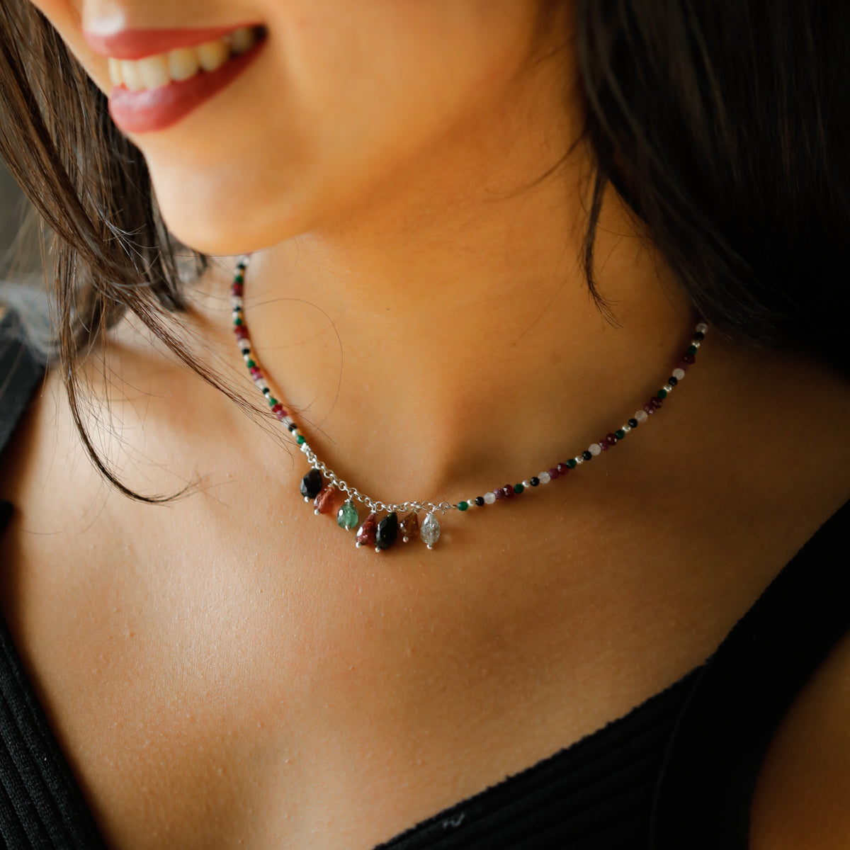 Silver Necklace with Multicolor Stones