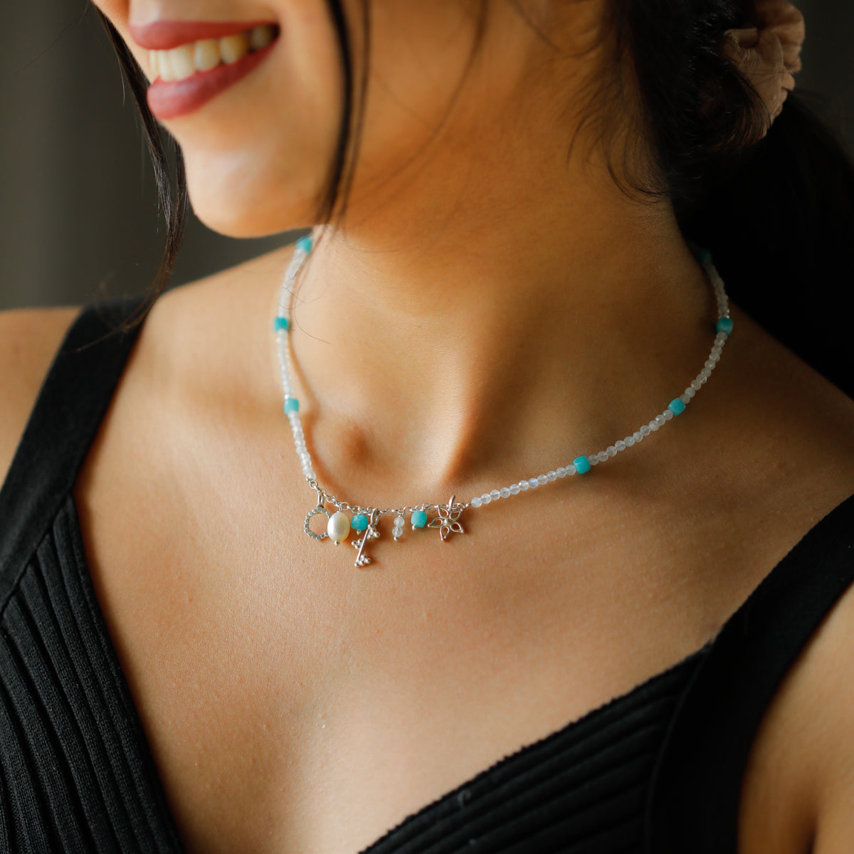 3 Charm Necklace with Moonstone and Apatite