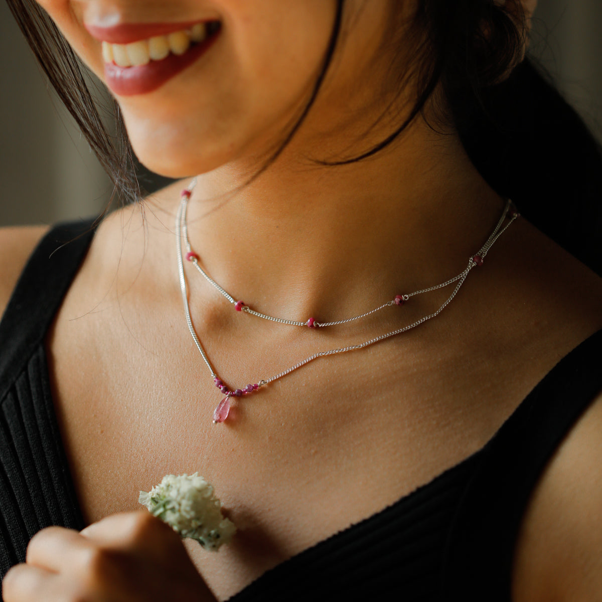 Double Layer Silver Chain Necklace with Garnet Stones