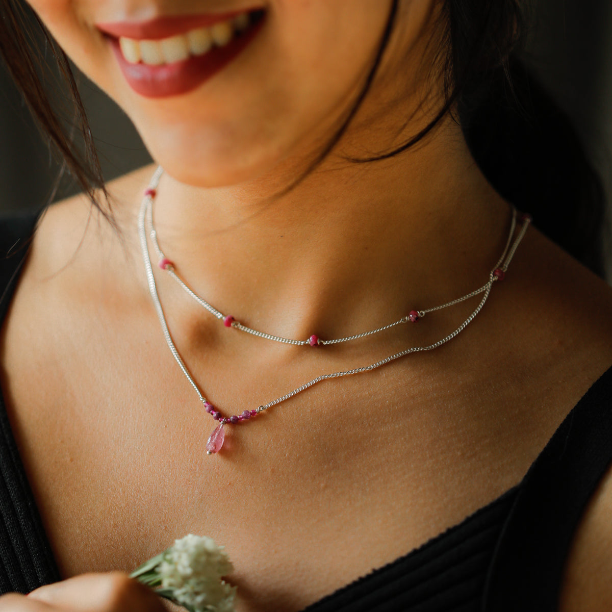 Double Layer Silver Chain Necklace with Garnet Stones