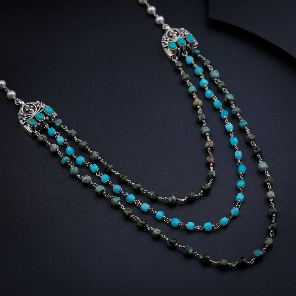 3 Layered Turquoise and Pearl Necklace