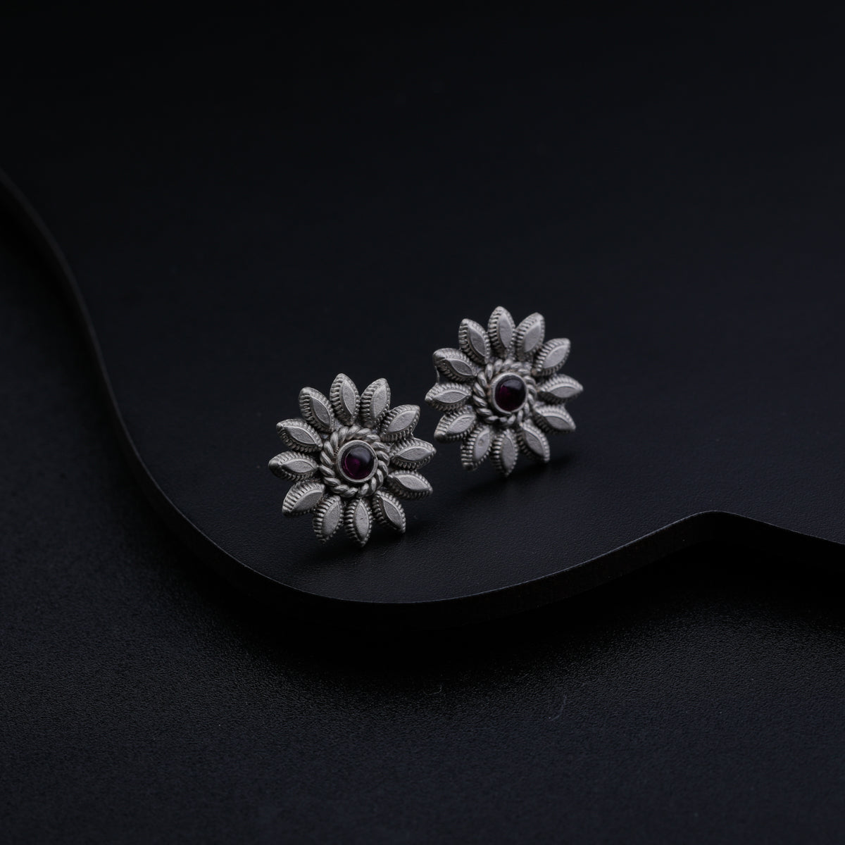 Petal with Pink Stone Silver Earrings