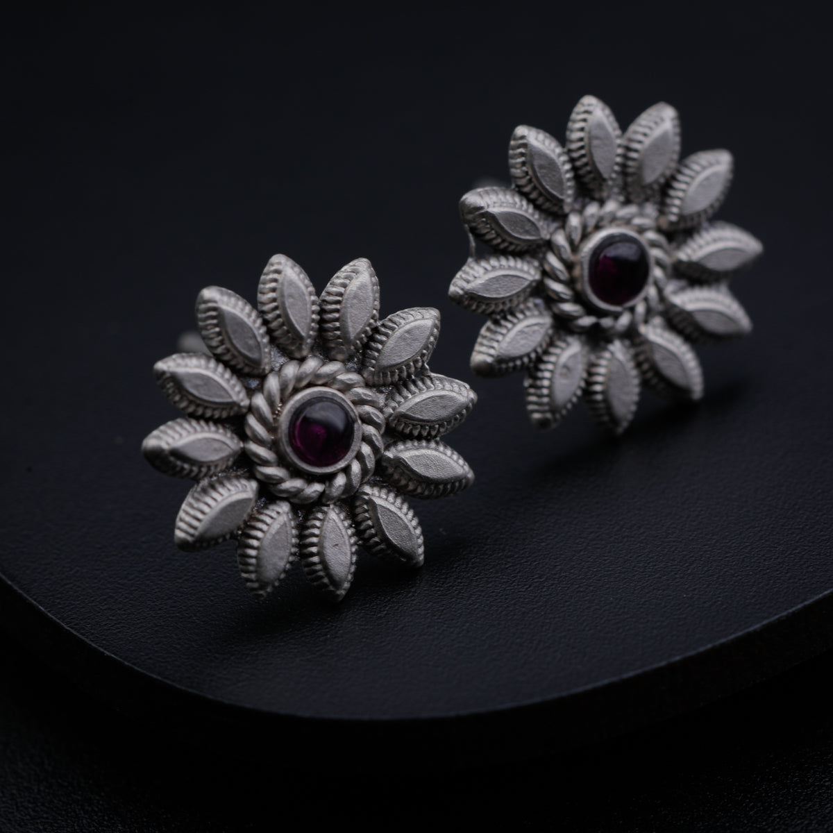 Petal with Pink Stone Silver Earrings