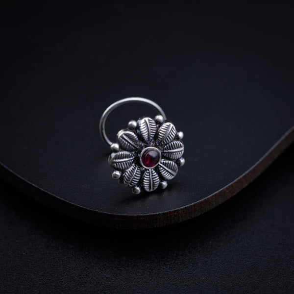 Silver Nose Pin with Red Stone in floral design