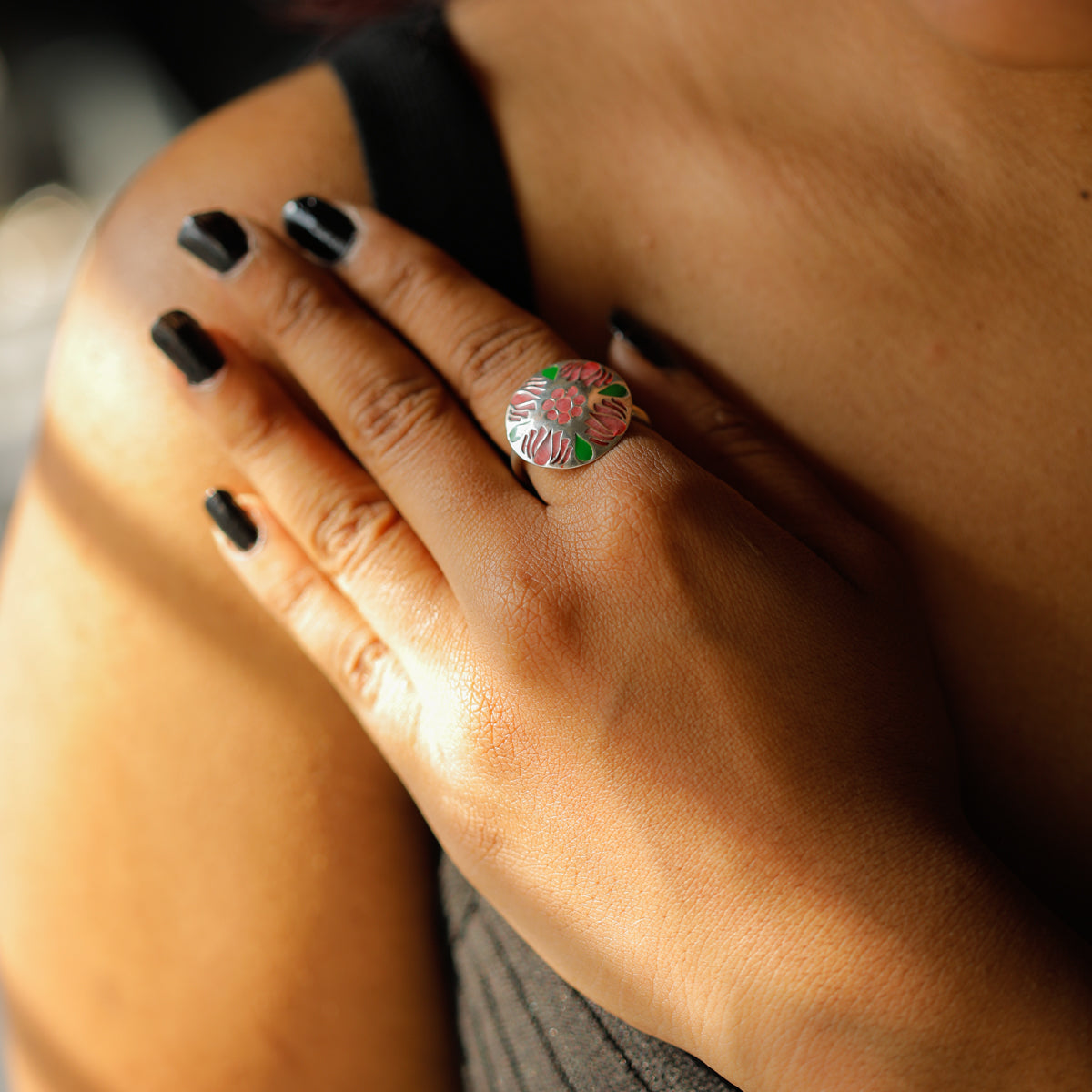 Silver enamel ring lotus - red green