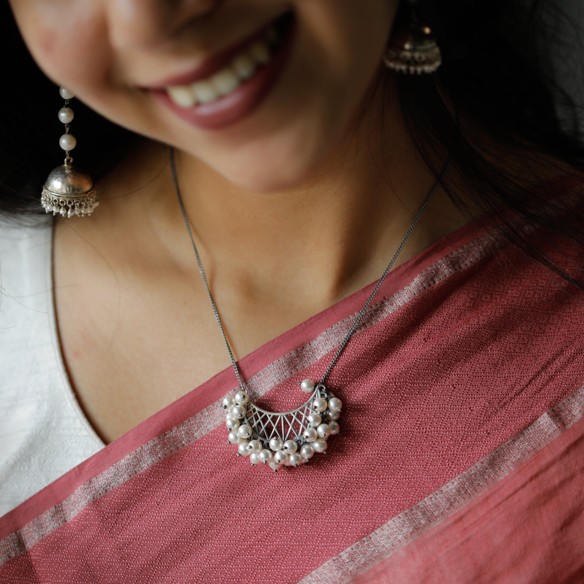 Oxidized Chand Filigree Silver Necklace with Pearls