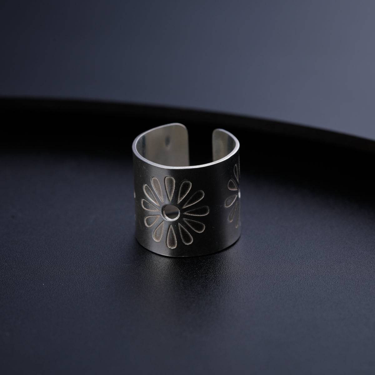 Silver Floral Lasercut Cuff Ring