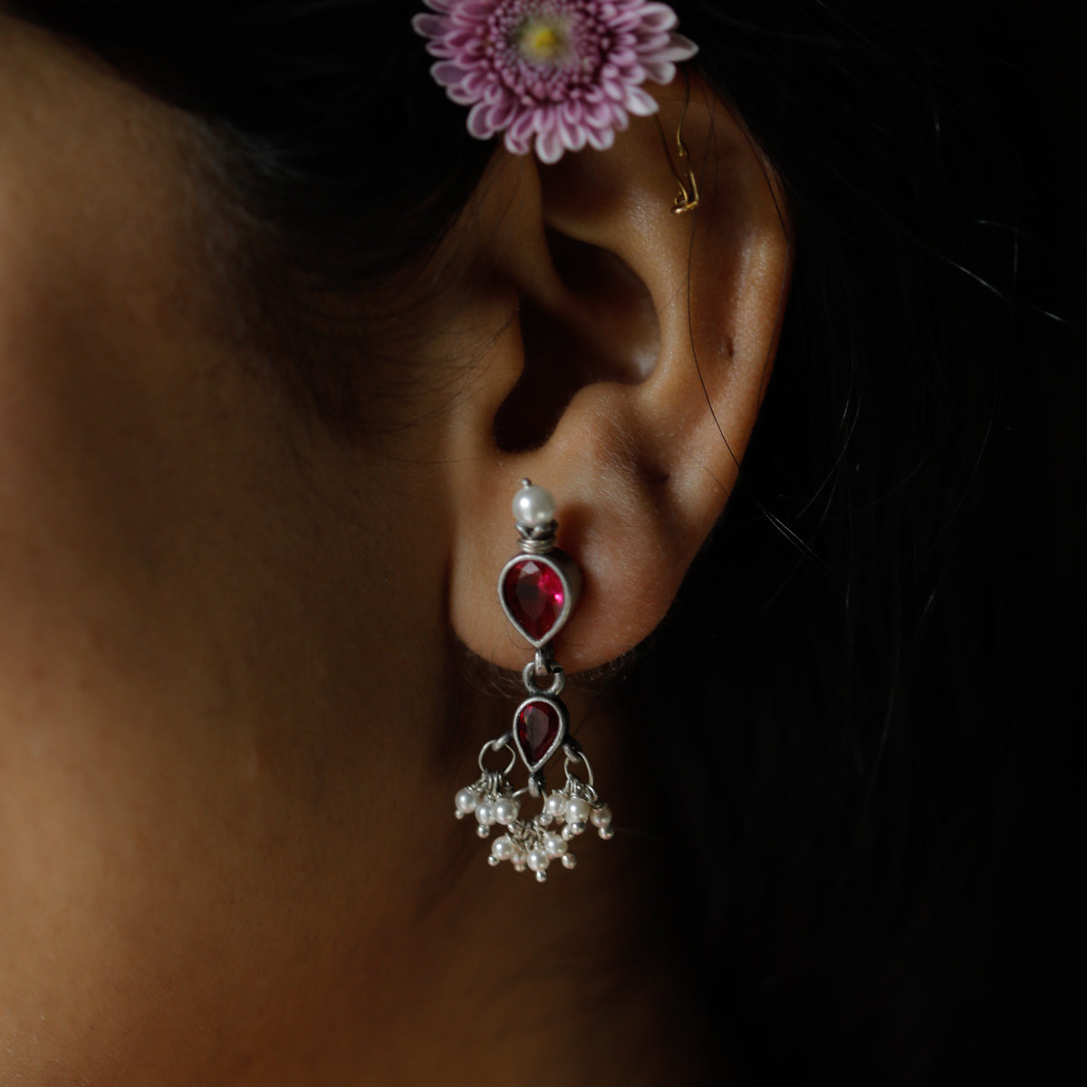 Tanmani Oxidized Earring with Garnet Stone (Small)