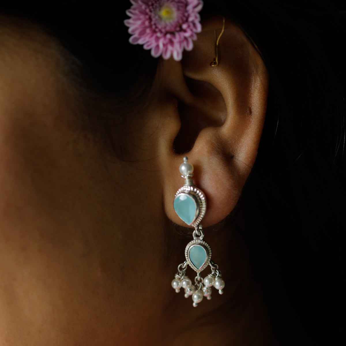 Tanmani Earring with Chalcedony Stone and Small Pearls