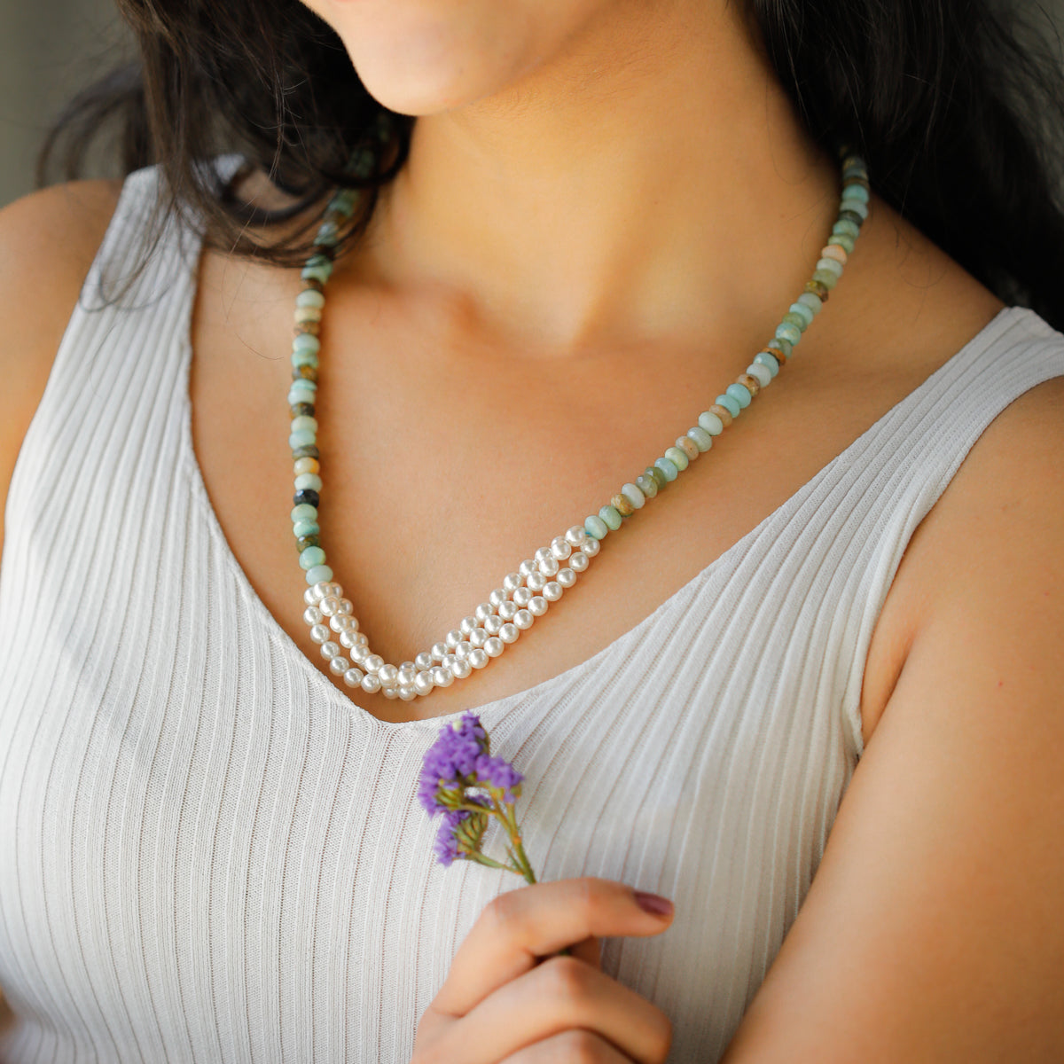 Blue Opal and Pearls Layered Necklace