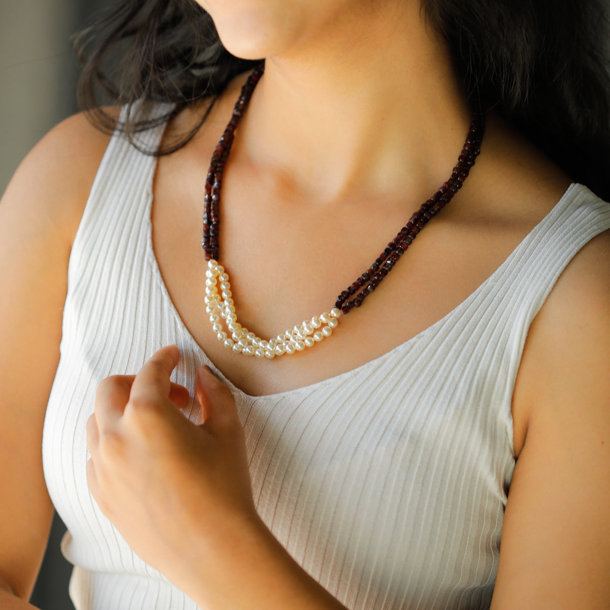 Garnet and Cream Pearls Layered Necklace