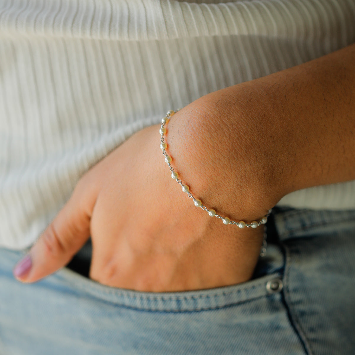 Cream Pearl Silver Bracelet