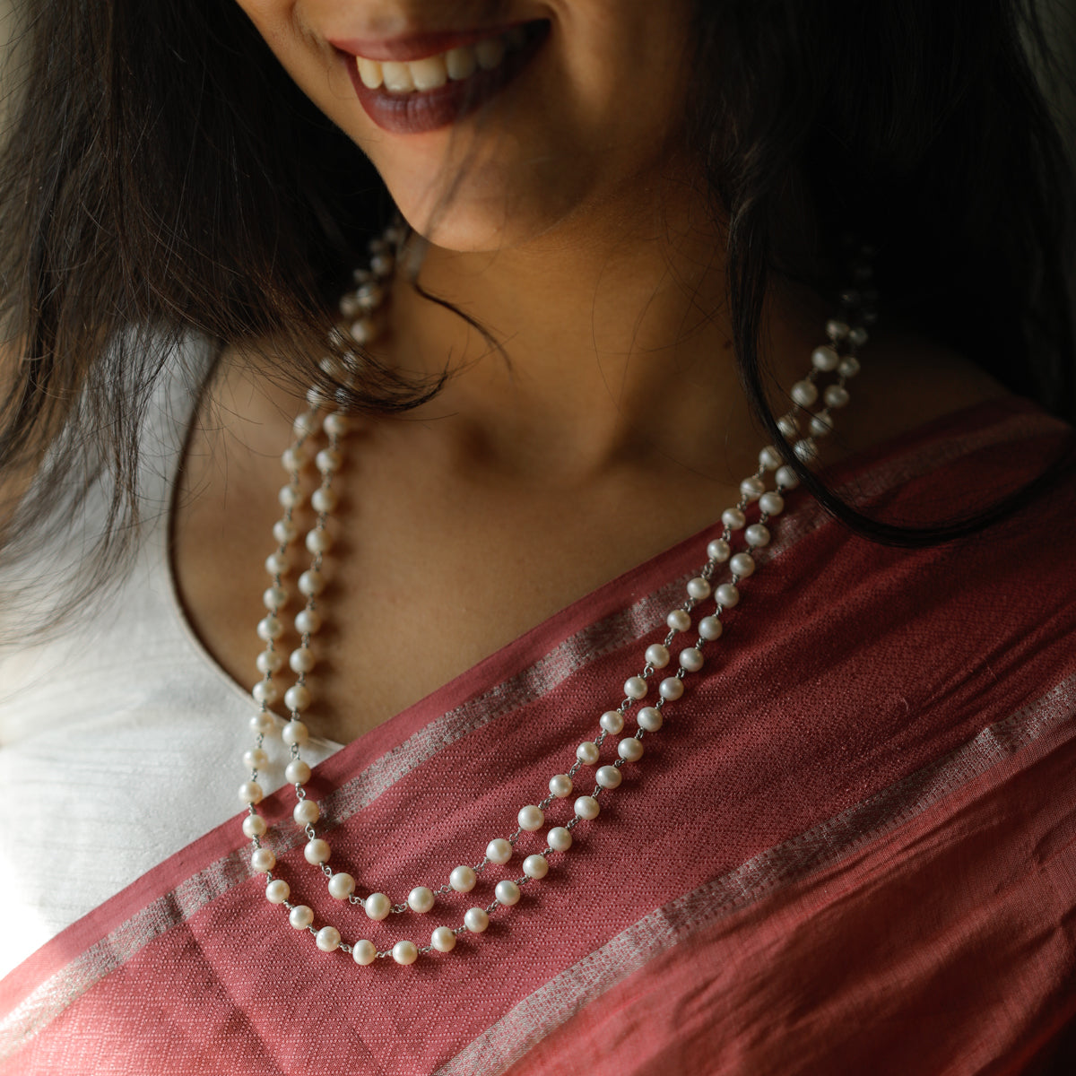 Double Layer Pearls Silver Necklace