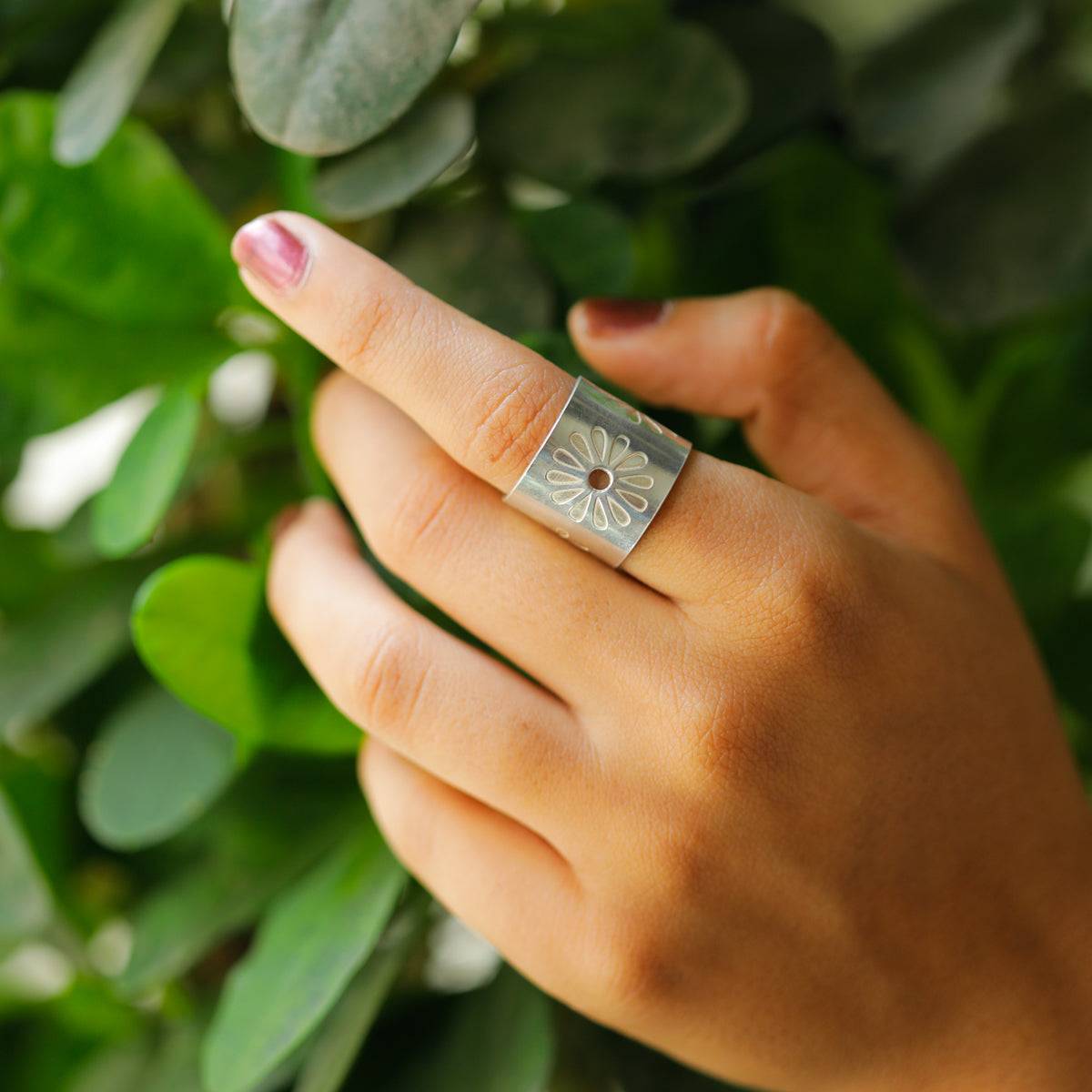 Silver Floral Lasercut Cuff Ring