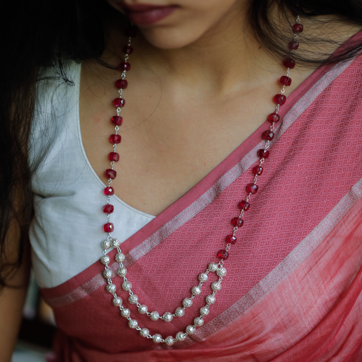 Silver Beads Necklace With Ruby