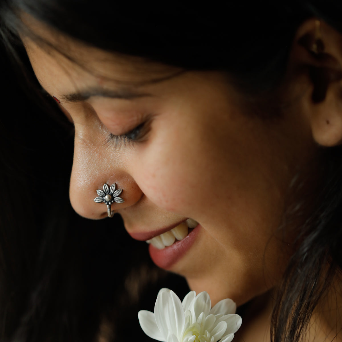 Handmade Silver Flower Nose pin (Clip on)