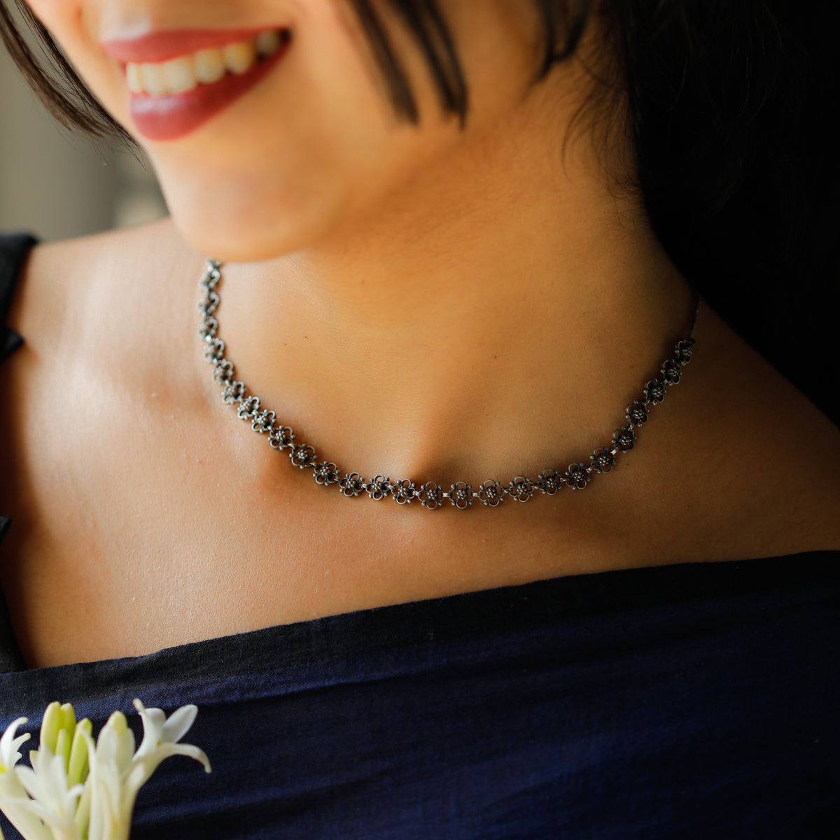 Oxidized Silver Choker Necklace